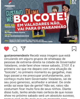 gustavo mendes comenta tentativa de boicote ao show em gv