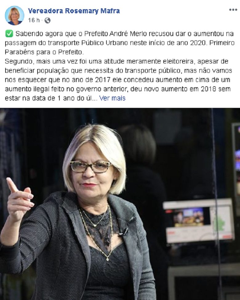 vereadora rosemary diz que veto ao aumento da passagem de ônibus foi medida meramente eleitoreira