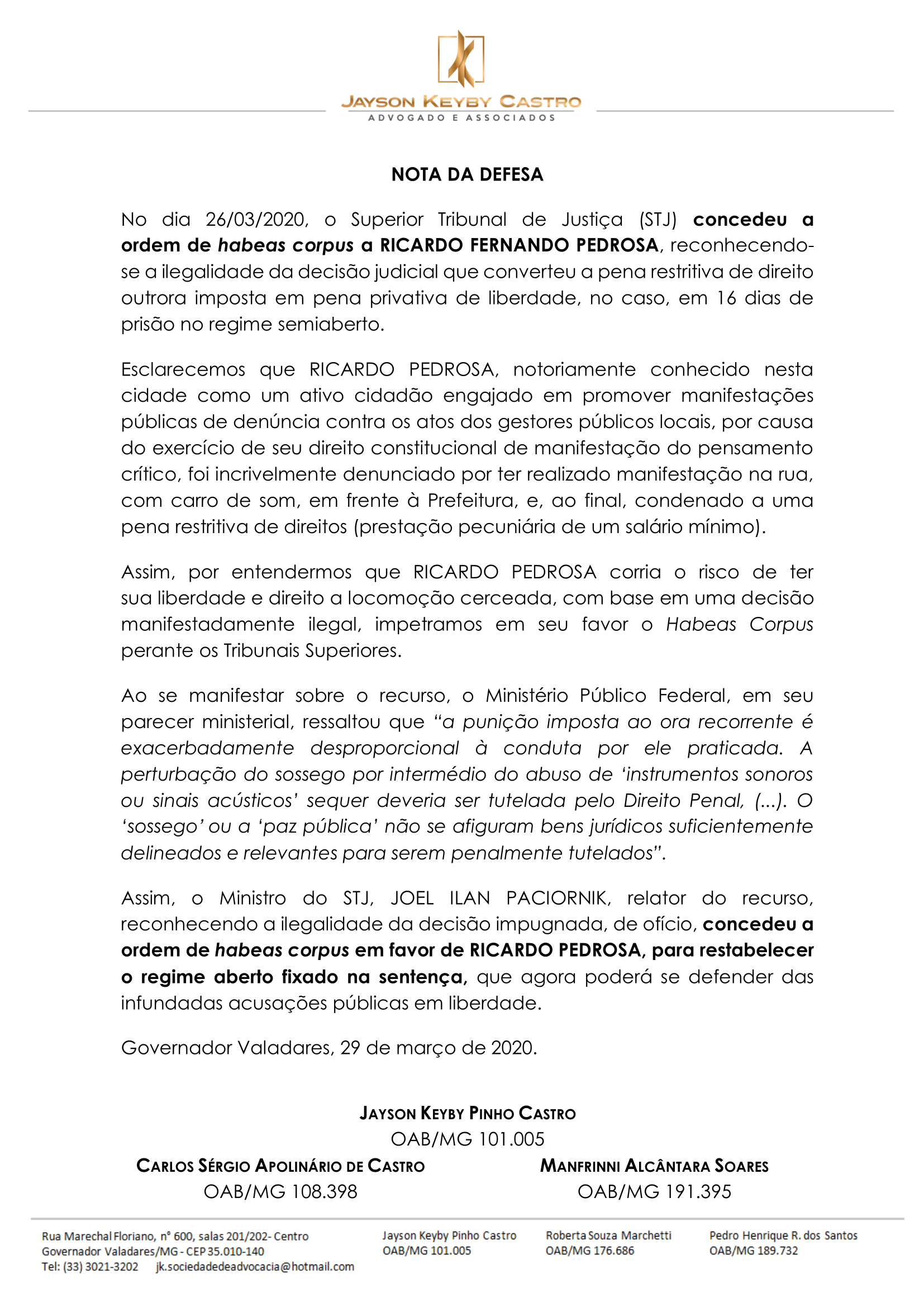 nota da defesa de ricardo pedrosa