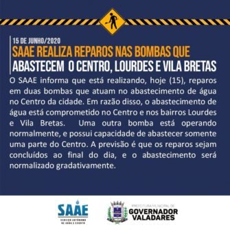 saae comunica falta de água no centro, lourdes e vila bretas