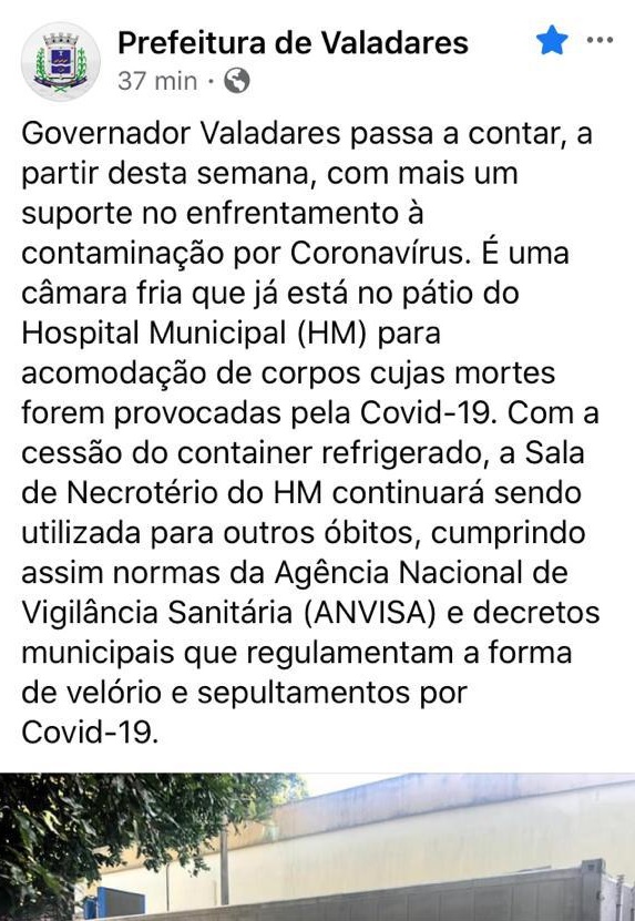 Prefeitura recebe críticas por postagem sobre câmara fria para mortos por covid-19