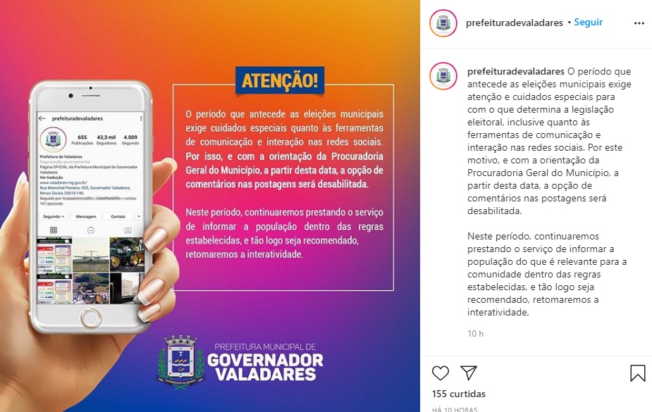 prefeitura de valadares censura comentários o instagram