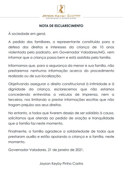 família de criança de 10 anos estuprada divulga nota esclarecimento