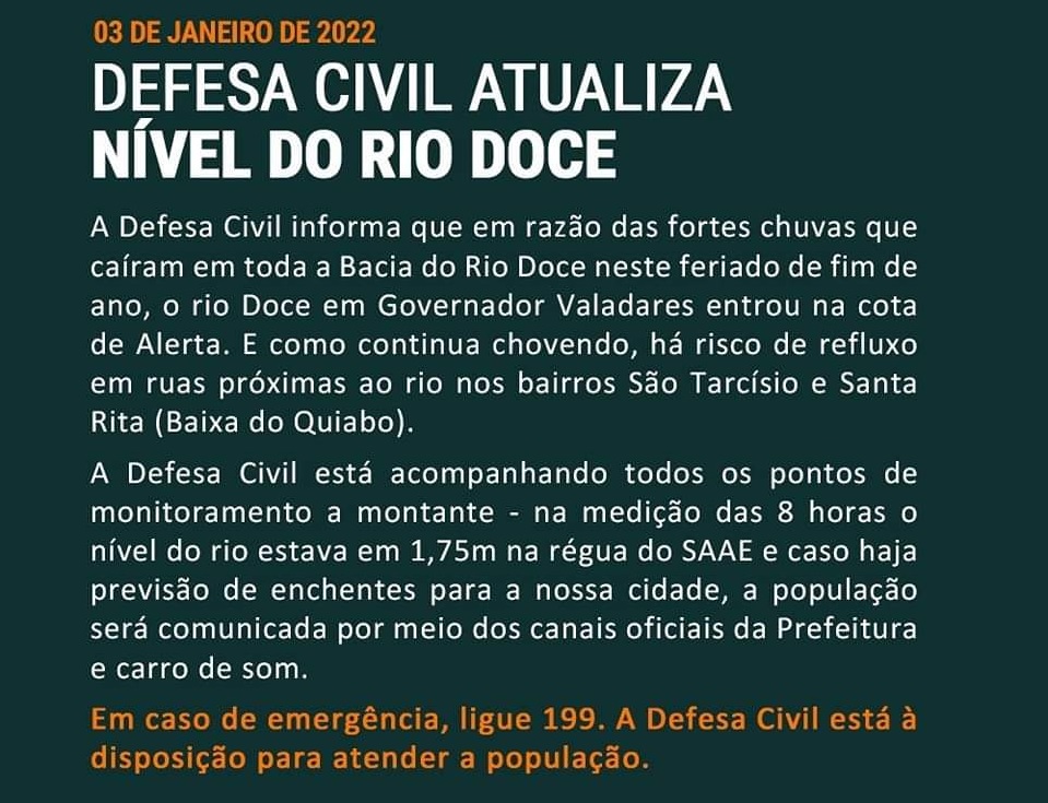 Prefeitura Municipal de Governador Valadares - Boletim atualizado do Rio  Doce