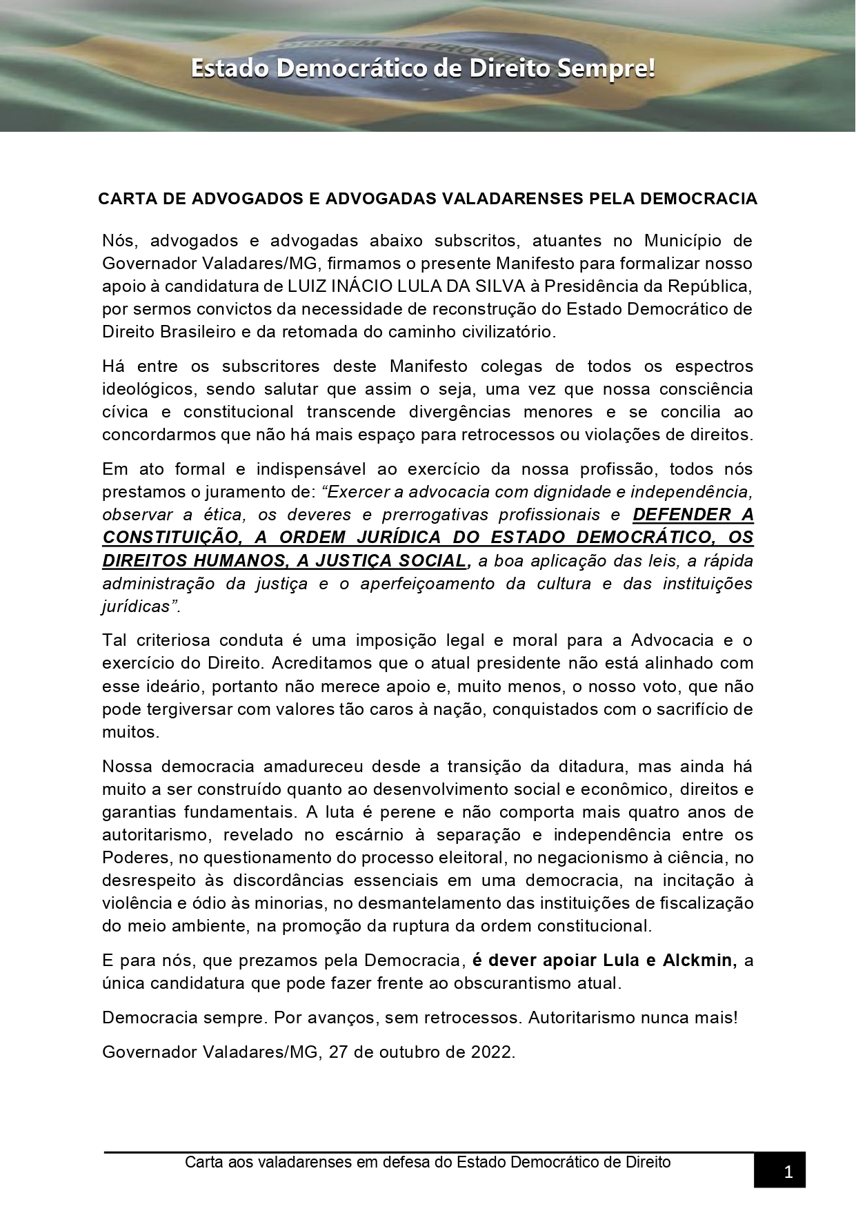 Advogados de Valadares lançam manifesto em apoio a Lula e em defesa da democracia