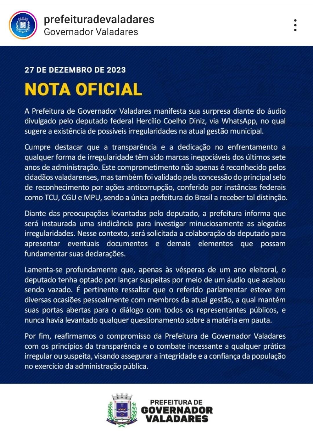 Deputado Hercílio Diniz mantém denúncia de corrupção no governo André Merlo; Prefeitura diz que está "surpresa"